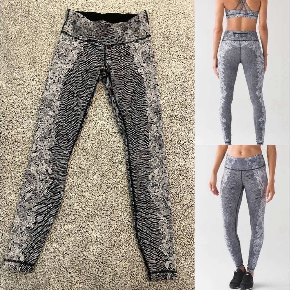 Lululemon Women’s Florence Speed Wunder Leggings Pants Black Gray Floral Lace 6